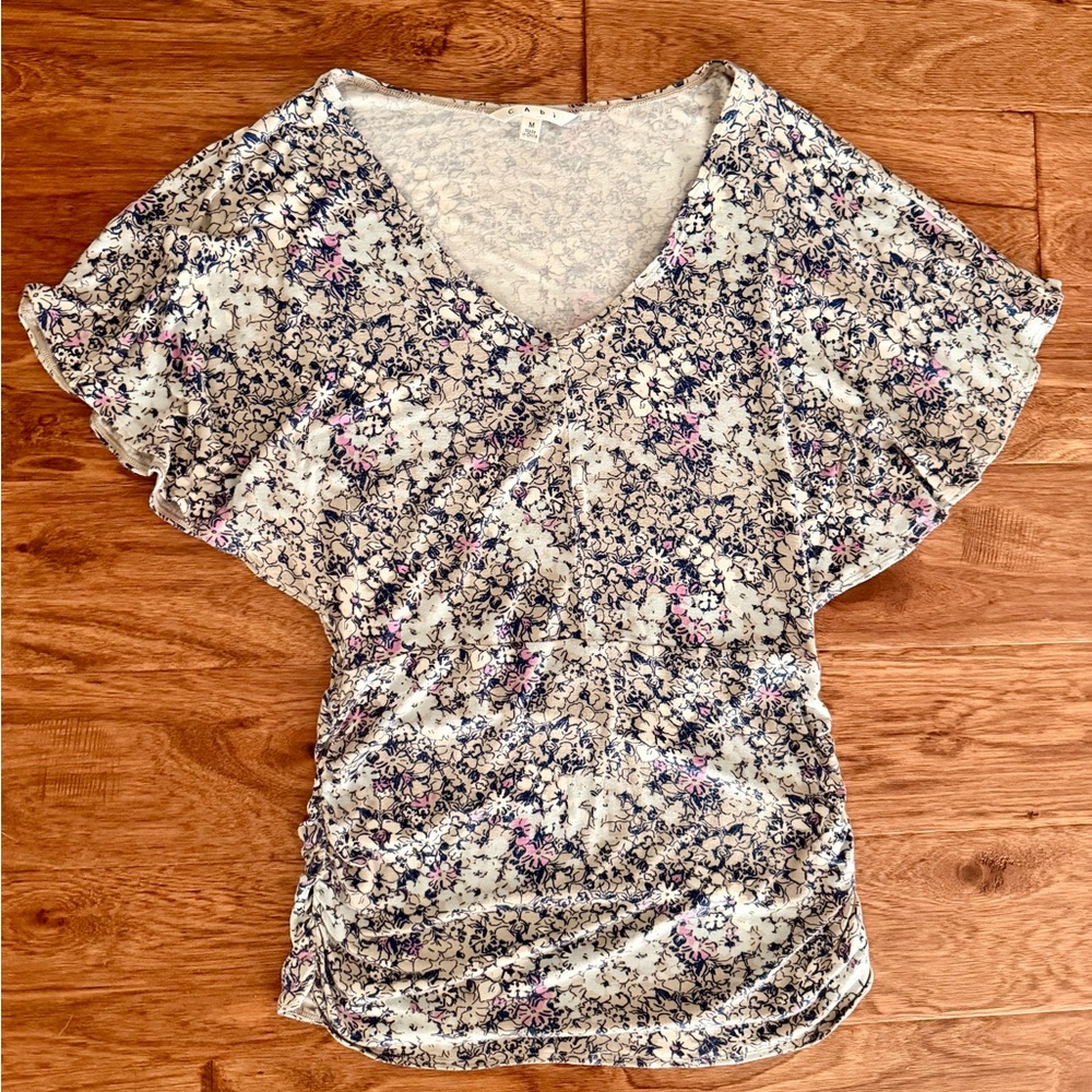 CAbi Blue and Cream Floral Blouse